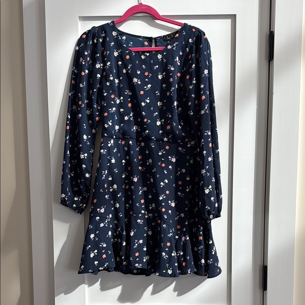 Francesca's Collections Blue and White Fit and Flare Dress with Bishop Sleeves